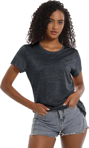 Vista 5 de MAGCOMSEN Camisetas de entrenamiento para mujer, cuello redondo, manga corta, ligeras, suaves, para deportes, fitness, ejercicio, yoga
