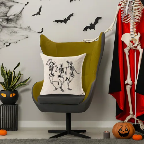 Vista 5 de Funda de almohada con diseño de calavera de Halloween, decoración del hogar, lino y algodón, funda de cojín de 18 x 18 pulgadas / 45.72 x 45.72 cm.