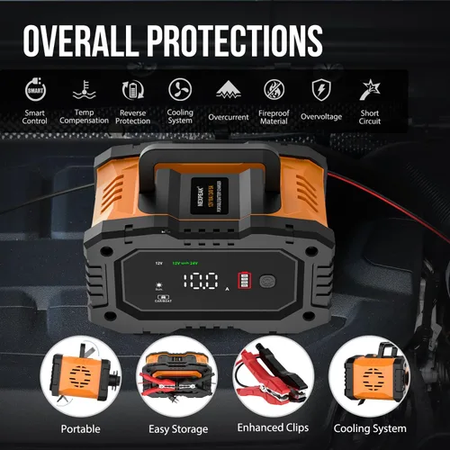 Vista 6 de NEXPEAK NC202 Cargador de Batería de 10 Amperios, Cargador de Batería Portátil para Automóvil de 12V 24V LiFePO4 Ácido de Plomo, Cargador por Goteo