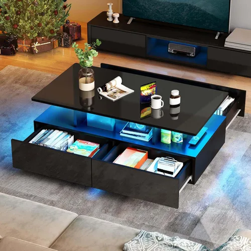 Vista 7 de YITAHOME - Mesa de café LED con almacenamiento, mesas de café LED de alto brillo para sala de estar, mesa de café negra moderna rectangular, mesa