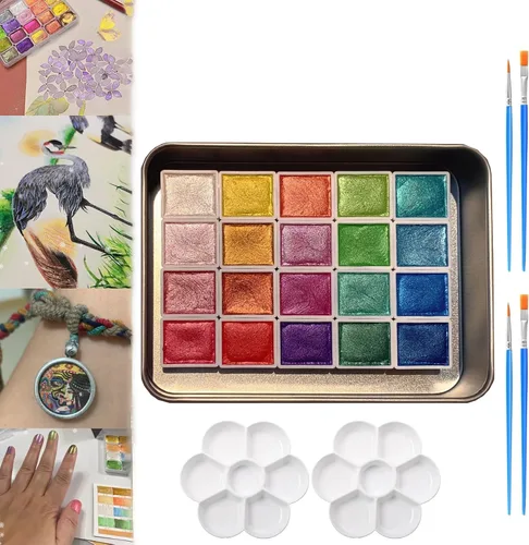 Vista 8 de Juego de pintura de acuarela de 20 colores, juego de pintura de acuarela metálica, pintura de acuarela nacarada, pintura de acuarela con purpurina