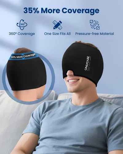 Vista 4 de ONLYCARE Gorro de alivio para migraña, máscara calmante para migraña, envoltura de gel de hielo para cabeza sin olor mejorada, terapia de frío