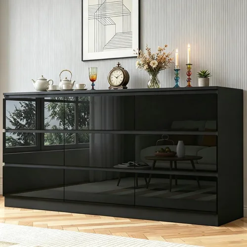 Vista 13 de Cómoda de 12 cajones con estación de carga, cómoda grande moderna con 12 cajones sin asas, cómoda de almacenamiento de madera para dormitorio, sala