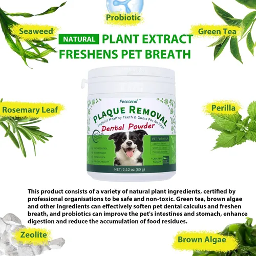 Vista 3 de Petstoral Polvo dental natural para perros, cuidado dental para perros, removedor de placa y tratamiento para el mal aliento, encías saludables