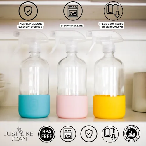 Vista 5 de Botella de vidrio transparente con funda de silicona para soluciones de limpieza, aceites esenciales, plantas, vinagre, 16 onzas, recargable, apta