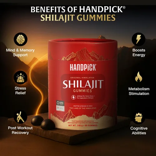 Vista 3 de HANDPICK, Gomitas Shilajit puras del Himalaya (60 gomitas) Alta potencia para hombres y mujeres Minerales esenciales de traza, 75% más de ácido