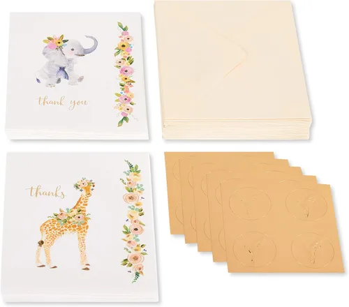 Vista 2 de Papyrus Tarjetas de agradecimiento para bebés con sobres, elefante y jirafa (20 unidades)