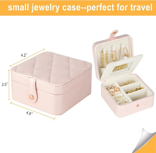 Vista 2 de Joyero de viaje con espejo, mini estuche de viaje de piel sintética para mujeres y niñas, pequeño organizador de joyas portátil para anillos