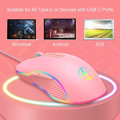 Vista 7 de IULONEE Mouse tipo C, mouse USB C con cable para juegos, ergonómico 4 RGB retroiluminación 3200 DPI compatible