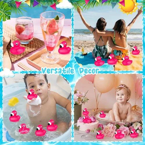 Vista 6 de Patos de goma flamencos para niños, 12 juguetes de baño de pato flamenco rosa, lindos patos de goma flotantes chirriantes para baby shower