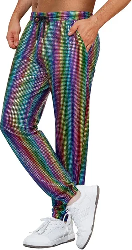 Vista 5 de WULFUL Pantalones deportivos metálicos para hombre, disfraz de discoteca de los años 70, con lentejuelas