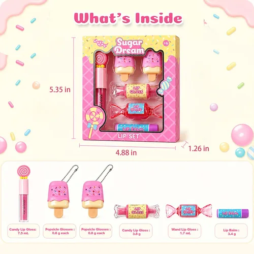 Vista 2 de M&U MAKE YOU UP MU Set de 6 barras de brillo labial dulce de caramelo para niños - 1 barra recta, 2 barras de helado y 2 barras de bálsamo