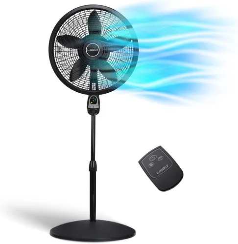 Vista 2 de Lasko Ventilador de pedestal oscilante, mando a distancia, 3 velocidades, 18 pulgadas, negro, 1843 y ventilador de torre oscilante silencioso