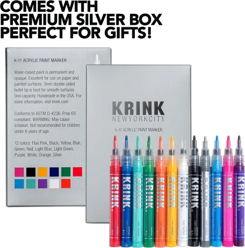 Vista 5 de Krink K-11 Juego de 12 marcadores de pintura – Marcadores de pintura acrílica de arte fino vibrante y opaco – Marcadores artísticos para superficies