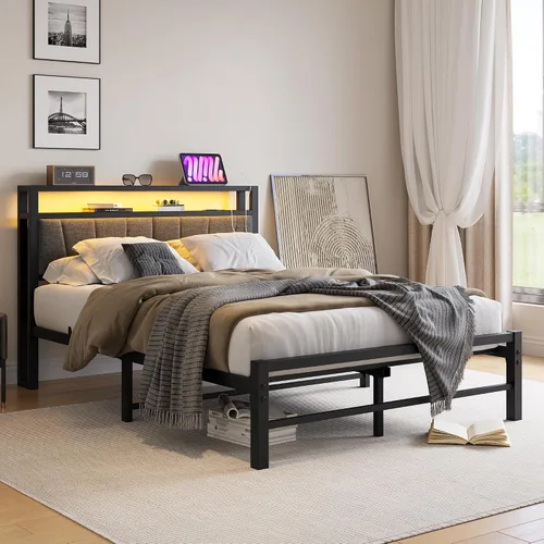 Vista 3 de BOFENG Base de cama matrimonial con cabecera de almacenamiento tapizada y estación de carga, luces LED, plataforma de metal resistente, marco