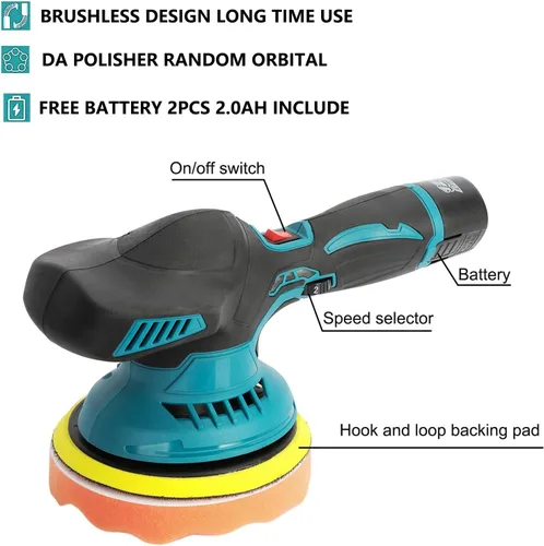 Vista 3 de Pulidora inalámbrica para automóvil, kit de pulidores y pulidores portátiles de automóvil de 6 pulgadas con 2 baterías de 2.0 Ah, pulidora de 6