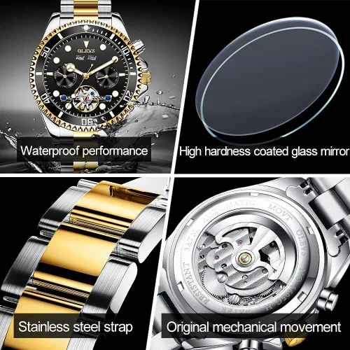 Vista 4 de OLEVS Reloj automático para hombre esqueleto mecánico de cuerda automática de lujo acero inoxidable 3 ATM impermeable calendario relojes de pulsera