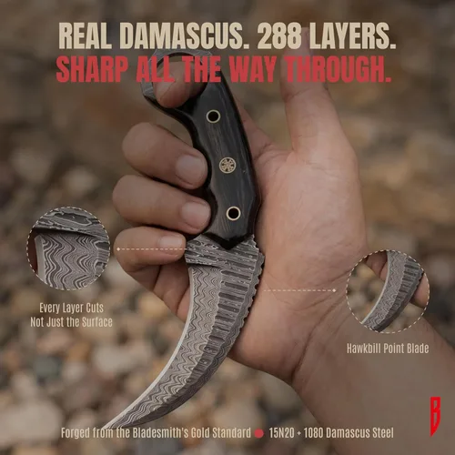 Vista 5 de BIGCAT ROAR Desert Fox - Cuchillo karambit de acero de Damasco hecho a mano de 7.5 pulgadas - Hoja fija curvada de espiga completa - Mango de madera