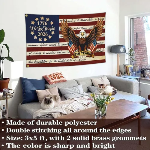 Vista 7 de Bandera de 3 capas para aniversario estadounidense de 250 años, decoración de mercancía, 250 aniversario, bandera patriótica de Estados Unidos