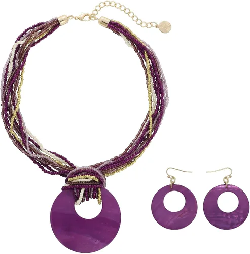 Vista 19 de Coiris Collar de varias vueltas con cuentas coloridas y gran colgante de concha circular para mujer Negro