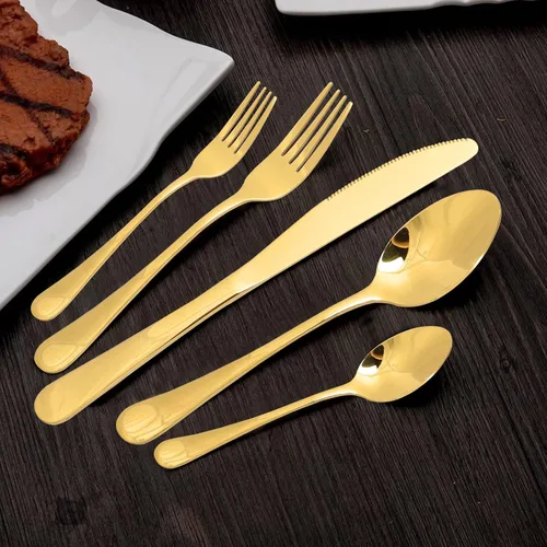 Vista 7 de Juego de cubiertos de acero inoxidable, juego de vajilla de 20 piezas, elegante cuchillo, tenedor, cuchara, cubiertos, servicio para 4 (dorado)