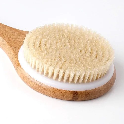 Vista 2 de Cepillo corporal Cepillado seco Cepillo de baño de ducha Cepillo de baño de madera de bambú Mango largo Cerdas naturales Masaje exfoliante Mejorar