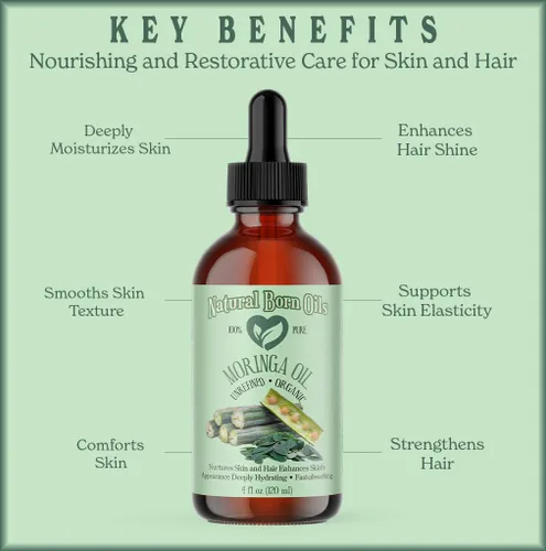 Vista 6 de Natural Born Oils Aceite de moringa, 8oz, orgánico, prensado en frío, rico en vitaminas A y C, ideal para hidratar la piel, fortalecer el cabello