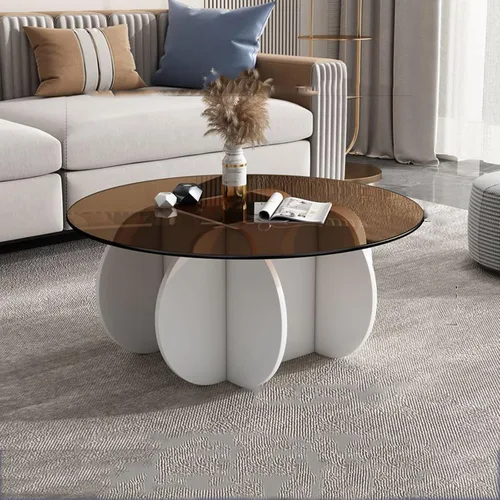 Vista 24 de HM&DX Mesa auxiliar redonda de cristal, base de madera maciza y parte superior de vidrio templado transparente, mesa auxiliar de café, mesa central