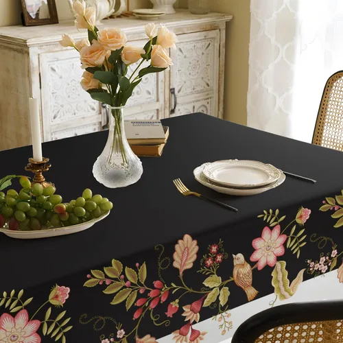 Vista 7 de Mantel de tela impermeable con diseño de pájaros blancos y negros, rectangular, a prueba de arrugas, resistente al aceite, para mesa de comedor