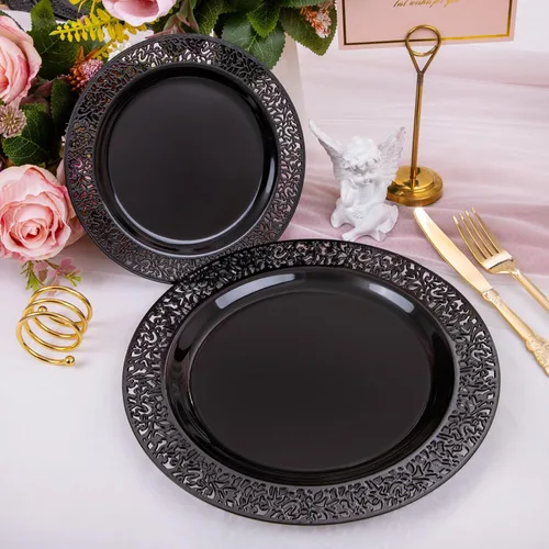 Vista 3 de U-QE 150 platos de plástico negro con cubiertos de plástico dorado, platos negros desechables para fiestas, incluyen 30 platos llanos de 10.25