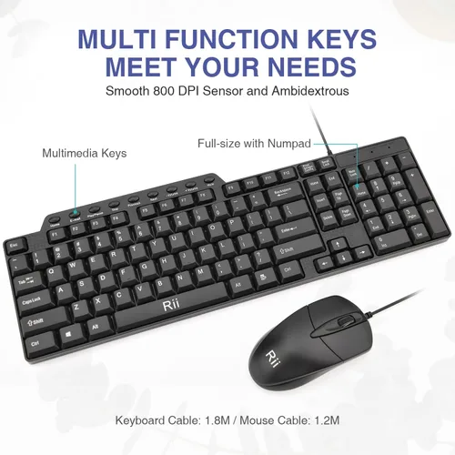 Vista 6 de Rii RK203 - Juego combinado de teclado y teclado básico con cable USB de tamaño ultra completo con teclado con teclado numérico para computadora
