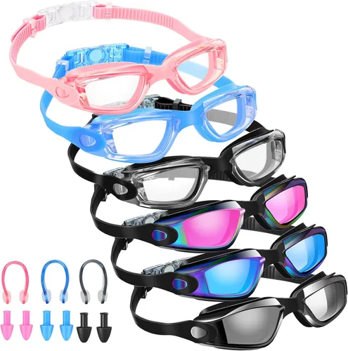 Vista 13 de Flutesan Paquete de 6 gafas de natación para adultos, antiniebla, con tapones para los oídos, clip para la nariz, sin fugas, protección completa