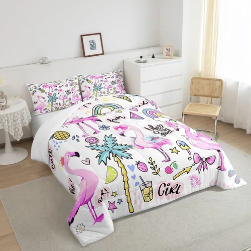 Vista 4 de Erosebridal Juego de ropa de cama de flamenco rosa para niñas y mujeres, lindo juego de edredón de flamenco de animales, tamaño individual