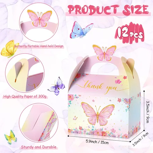 Vista 3 de Nezyo - 12 cajas de regalo de fiesta de mariposa, cajas de regalo de dulces de papel floral rosa morado a dos aguas con mango de mariposa