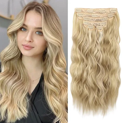 Vista 29 de WECAN Extensión de cabello con clip, de 20 pulgadas, mezcla de rubio ceniza y rubio decolorado, 6 piezas, extensiones de cabello largo ondulado