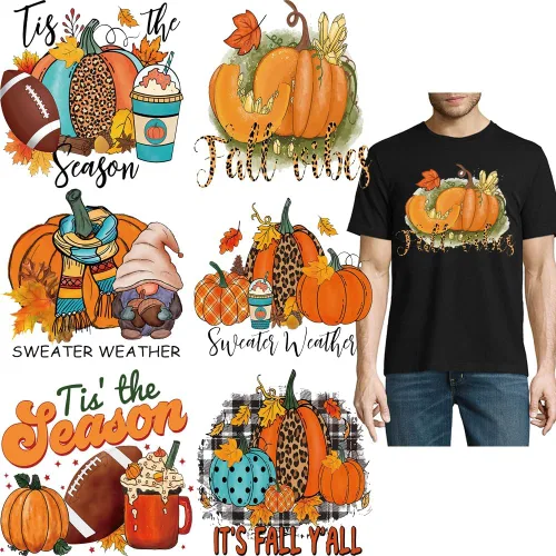 Vista 9 de Parches de planchado de otoño para ropa con diseño de calabaza, transferencias de planchado de otoño, hojas de arce, gnomo, pegatinas