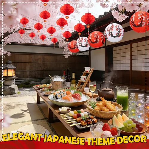 Vista 3 de 18 piezas de decoraciones de fiesta Hibachi, linternas japonesas y linternas chinas rojas Cherry blossom and red lanterns create a layered party