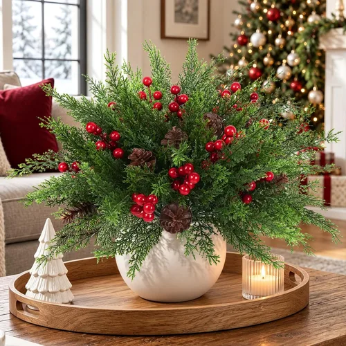 Vista 4 de 6 Pcs Christmas Greenery Stems, Artificial Pine Branches with Red Berries and Pinecones, Faux Evergreen Floral Stems for Vase, Full Christmas Picks