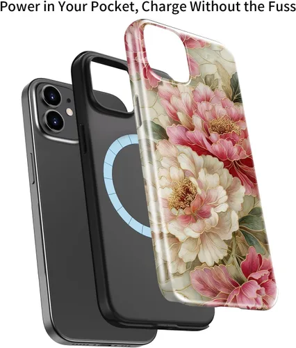 Vista 3 de bemal Funda para iPhone 12 Mini, estética, vintage, floreciente, peonía, concha, femenina, compatible con MagSafe, moderna, única, moderna, moderna