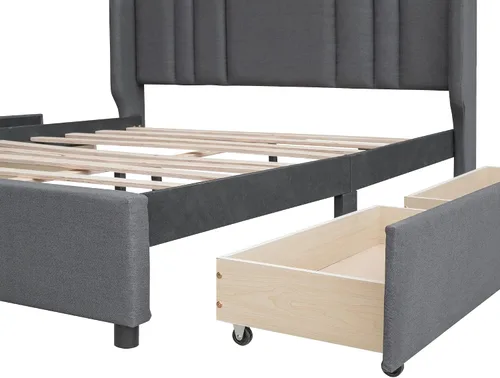 Vista 8 de SOFTSEA Base de cama tapizada con 4 cajones, marco de cama tamaño Queen con cabecero y estribo copetudos (gris, Queen)