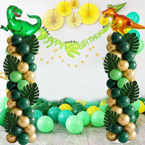 Vista 2 de Juego de 2 soportes de columna de globos de dinosaurio, kit de columna de globos de oro verde y verde ajustable con temática de dinosaurio
