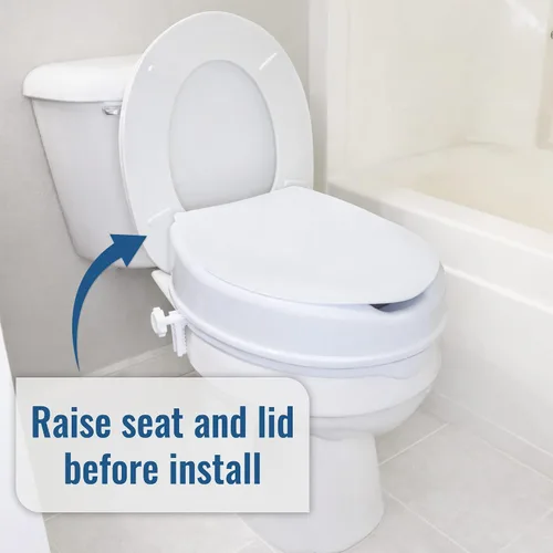 Vista 3 de HealthSmart Elevador de asiento de inodoro elevado con bloqueo para personas mayores, elevación de 4 pulgadas con tapa, se adapta a inodoros