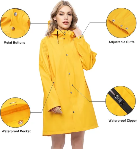 Vista 3 de UNIQUEBELLA Chubasqueros impermeables para mujer, impermeables, abrigos largos con capucha para lluvia, rompevientos, gabardina para exteriores