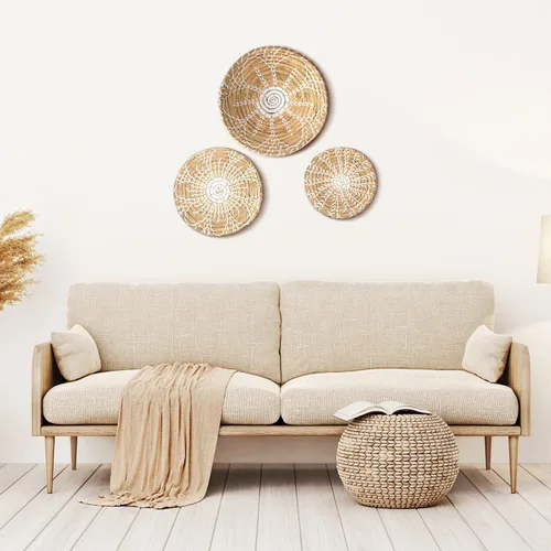 Vista 2 de Glenmal 3 piezas de decoración de cesta de pared estilo bohemio, cesta decorativa tejida de junco, decoración de pared de cesta de mimbre, arte