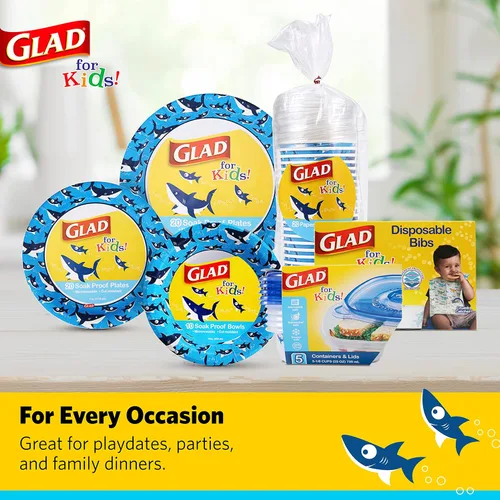 Vista 7 de Baberos desechables de papel con atrapamigas para niños de Glad con diseño de tiburón para alimentación - Absorbentes y a prueba de fugas