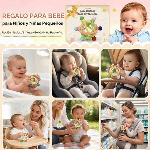 Vista 5 de Pelota de sonajero para bebés, juguetes sensoriales para dentición para Mordedor de silicona para bebés, sin BPA, juguetes para recién nacidos