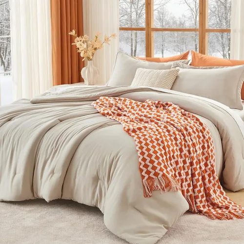 Vista 34 de MUXHOMO Juego de edredón beige tamaño individual/individual XL, ropa de cama alternativa ultrasuave para todas las estaciones. El juego de cama