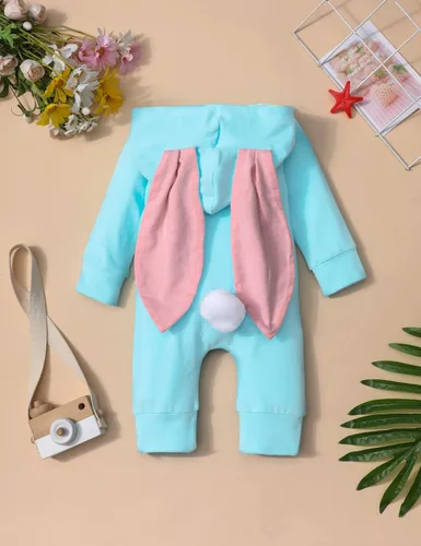 Vista 5 de Queenstyle Traje de Pascua para bebé niño, mameluco de manga larga con capucha y orejas de conejo para bebé niño