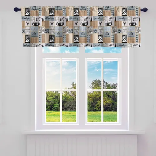 Vista 21 de Cortinas de cenefa de cabaña estilo retro, color negro y rojo, rayas de madera, cenefas de ventana para niños, adolescentes y adultos, oso salvaje