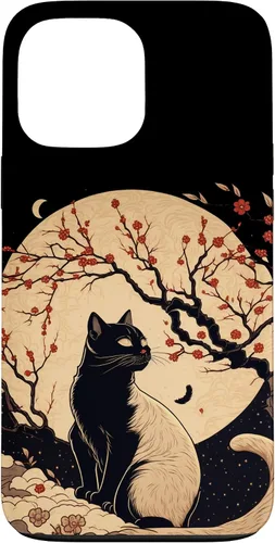 Vista 24 de Kawaii black cat japanese with cherry blossom anime style Case for iPhone 16